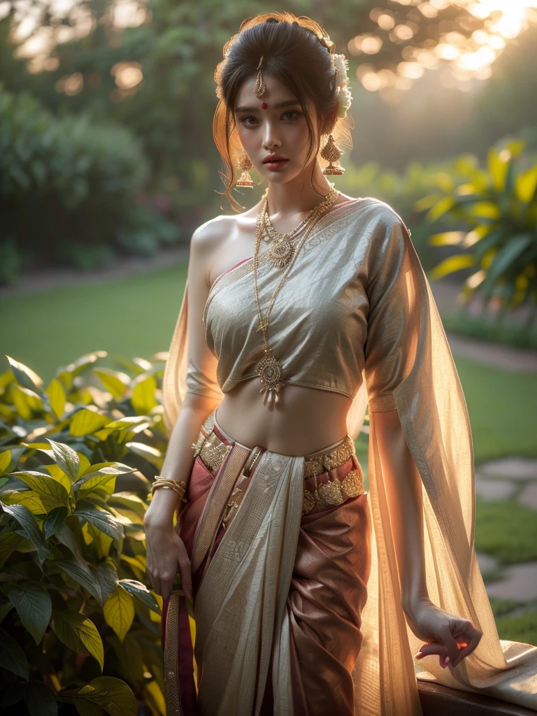 A woman is depicted in a commanding stance, while ensconced within a lush garden as the dusk settles. She's wrapped in an alluring Indian sari, her posture radiating a sense of enigma. The illumination is subtle and balmy, carving an ethereal setting. (solo), (commanding pose: 1.4), (Indian sari: 1.5), (lush garden: 1.3), (dusk: 1.3), (enigmatic allure: 1.5), (soft balmy lighting: 1.4).