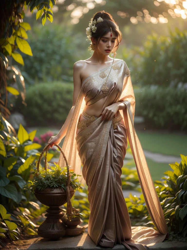 A woman is depicted in a commanding stance, while ensconced within a lush garden as the dusk settles. She's wrapped in an alluring Indian sari, her posture radiating a sense of enigma. The illumination is subtle and balmy, carving an ethereal setting. (solo), (commanding pose: 1.4), (Indian sari: 1.5), (lush garden: 1.3), (dusk: 1.3), (enigmatic allure: 1.5), (soft balmy lighting: 1.4).