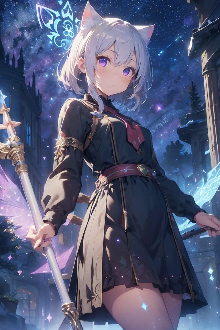 masterpiece,Highest quality,Super detailed,Highly detailed CG,High resolution,Highly detailed skin,Perfect Anatomy,Trick him?Fantastic details,Cowboy Shot,Purple eyes,lipstick,eyeliner,eye shadow,thin,Shiny skin,Medium chest,Bobcut,Silver Hair,Shiny Hair、(of Legends, Mythical Glowing Staff:1.6),(棒の先端はかわいい猫のFoot shapeをしています:1.6),(Look out for the cat-shaped stick:1.6),(Battle at the Demon Castle:1.5),The handle of the cane is smooth and fits comfortably in your hand..、There is a cat at the end of the road&#39;Foot shape.。The paw pads are covered with a soft texture..、Feels warm to the touch。At the tip of the stick、It is decorated like a cat&#39;nails.、The glow gives off a mysterious light。

The whole staff、Carved with ancient writings and magical symbols.、The design is mysterious and beautiful.。The stick is strong.、at the same time, Gives a sense of elegant energy.。Not only does it give its owner strength and protection,,、It exists as a source of wisdom and courage..。