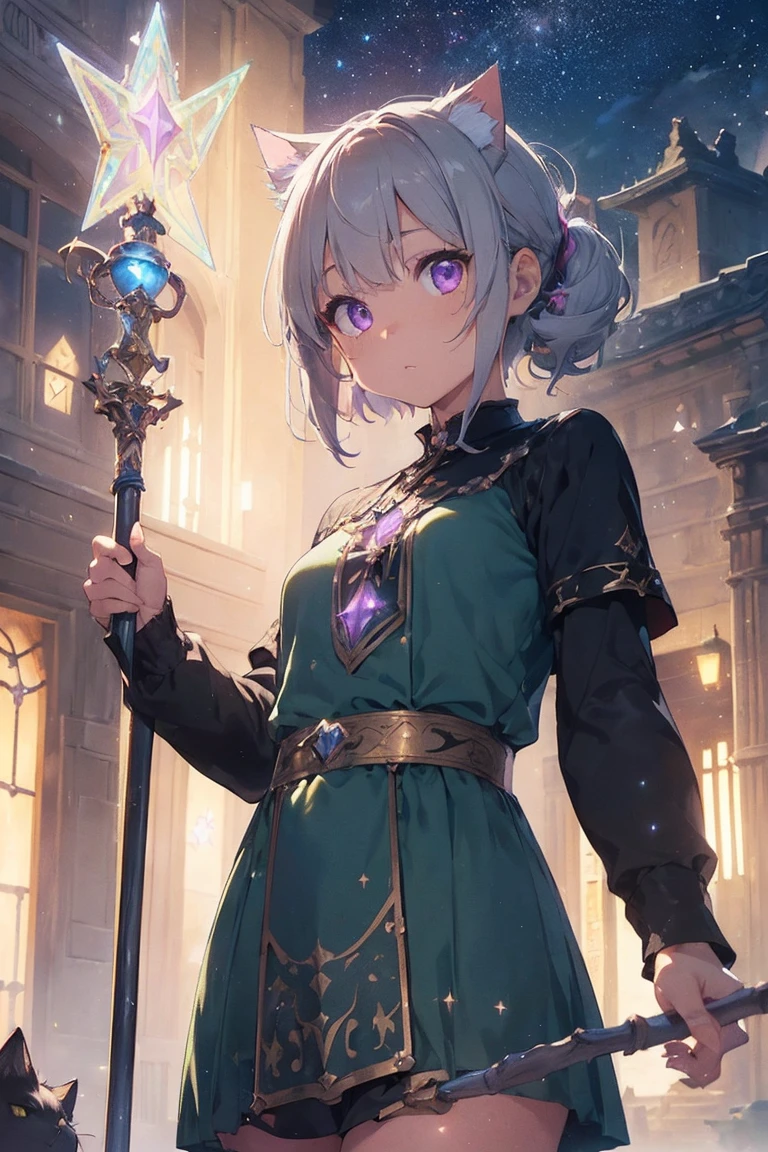 masterpiece,Highest quality,Super detailed,Highly detailed CG,High resolution,Highly detailed skin,Perfect Anatomy,Trick him?Fantastic details,Cowboy Shot,Purple eyes,lipstick,eyeliner,eye shadow,thin,Shiny skin,Medium chest,Bobcut,Silver Hair,Shiny Hair、(of Legends, Mythical Glowing Staff:1.6),(棒の先端はかわいい猫のFoot shapeをしています:1.6),(Look out for the cat-shaped stick:1.6),(Battle at the Demon Castle:1.5),The handle of the cane is smooth and fits comfortably in your hand..、There is a cat at the end of the road'Foot shape.。The paw pads are covered with a soft texture..、Feels warm to the touch。At the tip of the stick、It is decorated like a cat'nails.、The glow gives off a mysterious light。
The whole staff、Carved with ancient writings and magical symbols.、The design is mysterious and beautiful.。The stick is strong.、at the same time, Gives a sense of elegant energy.。Not only does it give its owner strength and protection,,、It exists as a source of wisdom and courage..。