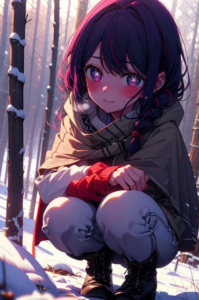 aihoshino, Ai Hoshino, Long Hair, bangs, (Purple eyes:1.1), Purple Hair, (Symbol-shaped pupil:1.5), smile,,smile,blush,White Breath,
Open your mouth,snow,Ground bonfire, Outdoor, boots, snowing, From the side, wood, suitcase, Cape, Blurred, , forest, White handbag, nature, Squat, Mouth closed, Cape, winter, Written boundary depth, Black shoes, red Cape break looking at viewer, Upper Body, whole body, break Outdoor, forest, nature, break (masterpiece:1.2), Highest quality, High resolution, unity 8k wallpaper, (shape:0.8), (Beautiful and beautiful eyes:1.6), Highly detailed face, Perfect lighting, Extremely detailed CG, (Perfect hands, Perfect Anatomy),