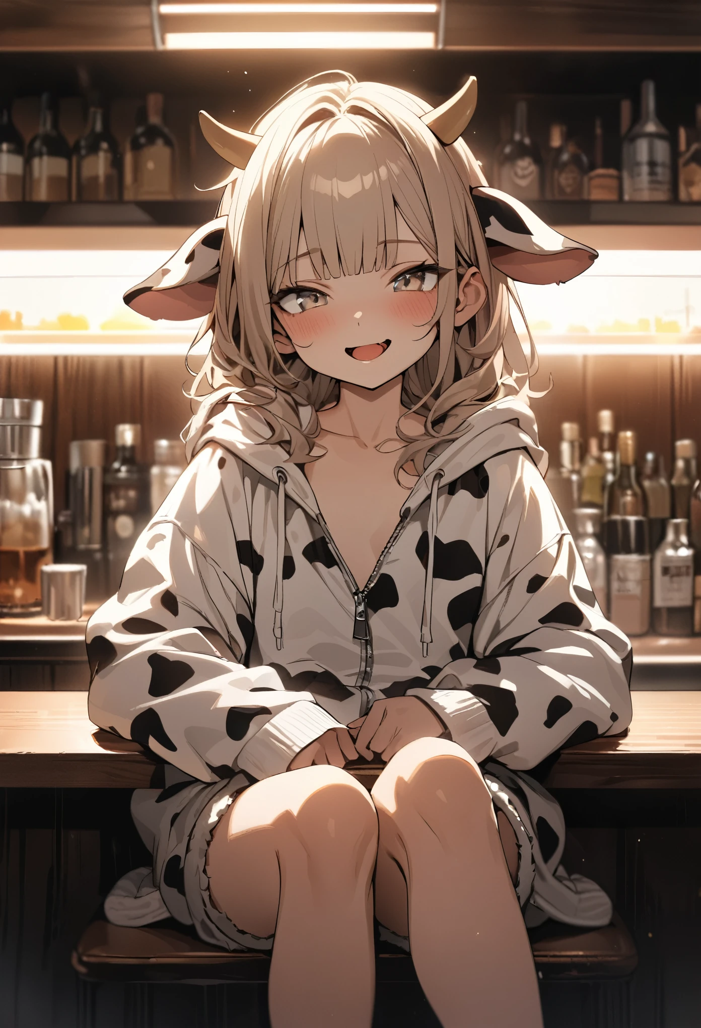 ((Masterpiece)), ((best quality)), (Anime:1.4), (super detail:1.2), (High Definition:1.3), (Professional Photography:1.3), (wide shot), (sharp focus), (perfect light), (()), 1girl, ((wearing Cow-patterned oversized hoodie)), fluffy shorts, cinematic lighting, Textured skin, messy hair, (loose blunt bangs), teenage girl, Healthy stomach, (Healthy slim body), small breasts, cute eyes, ((naughty face)), (open mouth), (put on cow ears), pale brown hair, Cute Beautiful girl, Thin accessories, ((slightly undressing cute shorts)), (standing on the diner couch),