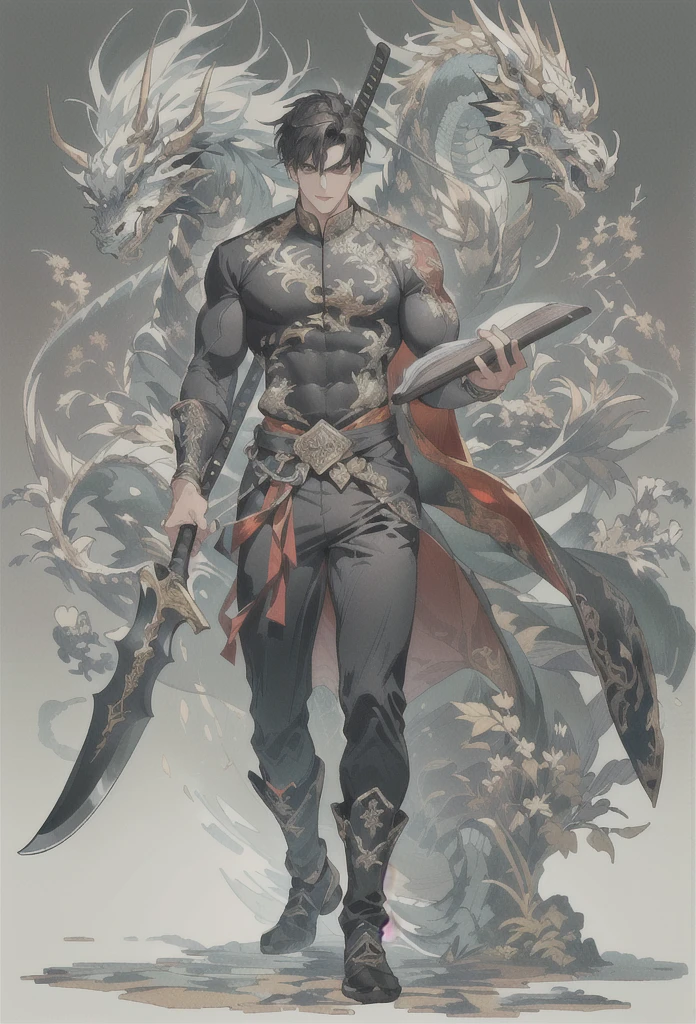 (Extremely complex and exquisite details,masterpiece,Highest quality,Full body picture of a strong, masculine and handsome man with short black hair,Modern sports tight clothing,Strong handsome masculine style,Holding a stick with a machete in his right hand,Holding book in left hand,Show muscle color),correct anatomy,Very strong muscles,Exquisite dragon high contrast background,Broadsword