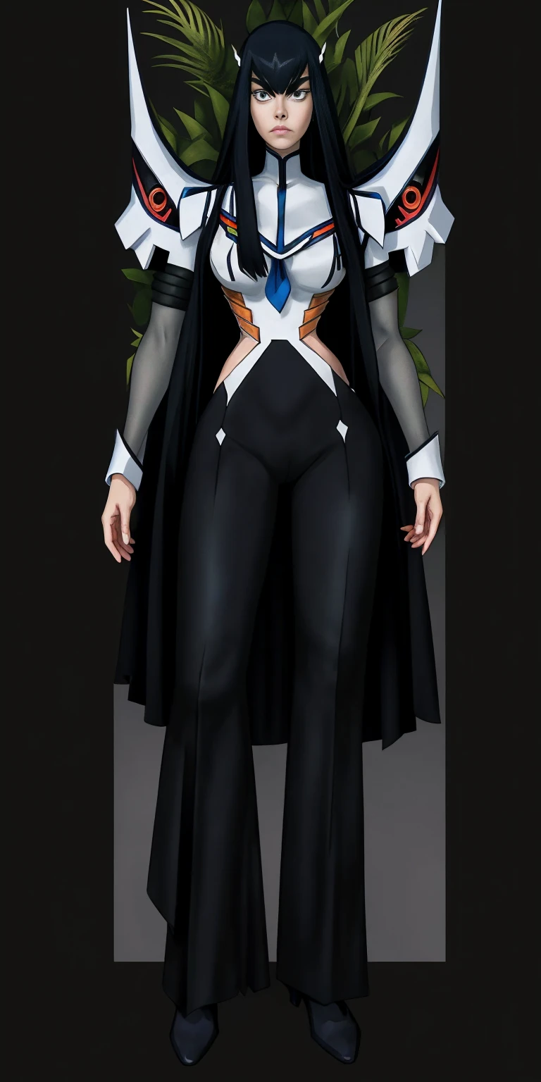 female Satsuki Kiryuin, Satsuki Kiryuin from Kill-la-Kill, mesh stockings, full height, bottom view, best quality, very detailed, ultra 8k resolution,portrait, full body, victorias clothing, long dress, knight, pants, black skin suit, plants, vest, polo shirt, long skirt (plain background)