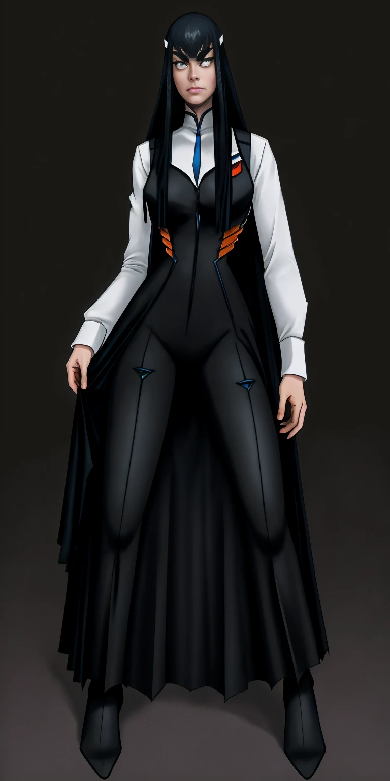 female Satsuki Kiryuin, Satsuki Kiryuin from Kill-la-Kill, mesh stockings, full height, bottom view, best quality, very detailed, ultra 8k resolution,portrait, full body, victorias clothing, long dress, knight, pants, black skin suit, plants, vest, polo shirt, long skirt (plain background)