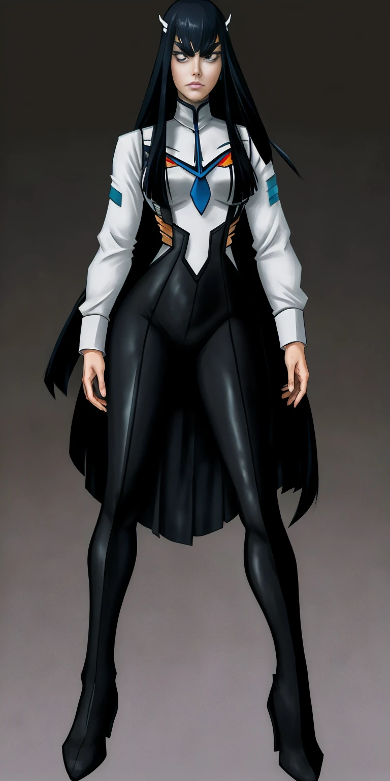 female Satsuki Kiryuin, Satsuki Kiryuin from Kill-la-Kill, mesh stockings, full height, bottom view, best quality, very detailed, ultra 8k resolution,portrait, full body, victorias clothing, long dress, knight, pants, black skin suit, plants, vest, polo shirt, long skirt (plain background)