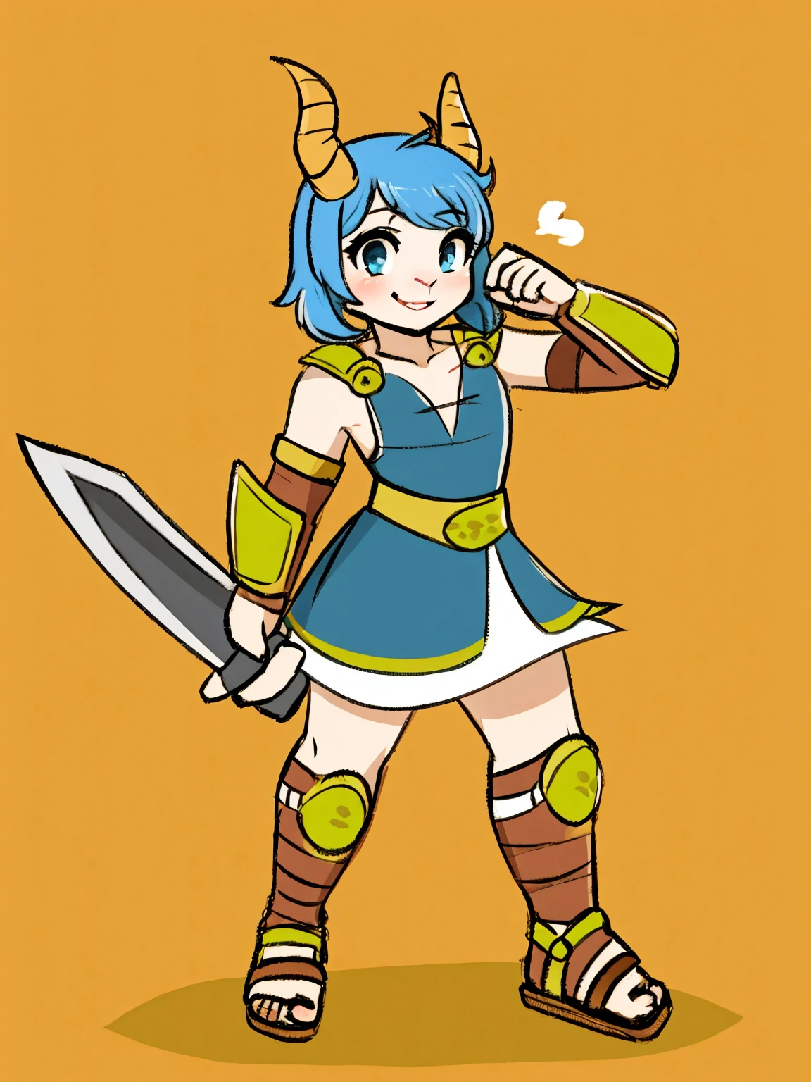 1girl, furry, furry_female, goat_ears, goat_girl, smile, solo, wearing armor, gladiator flat sandals, gladiator skirt, humanoid feet, holding sword, nosebleed,bloody nose