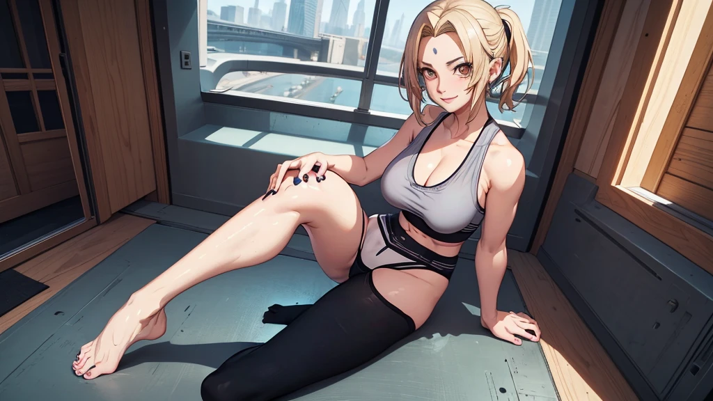 score_9, score_8_up, score_7_up, score_6_up, score_5_up, score_4_up, source_anime, BREAK, 1girl, toeless legwear, solo, sitting, crossed legs, looking at viewer, bare shoulders, indoors, leggings, stirrup legwear, sleeveless, head rest, smiling, space station, bedroom eyes, bedroom,