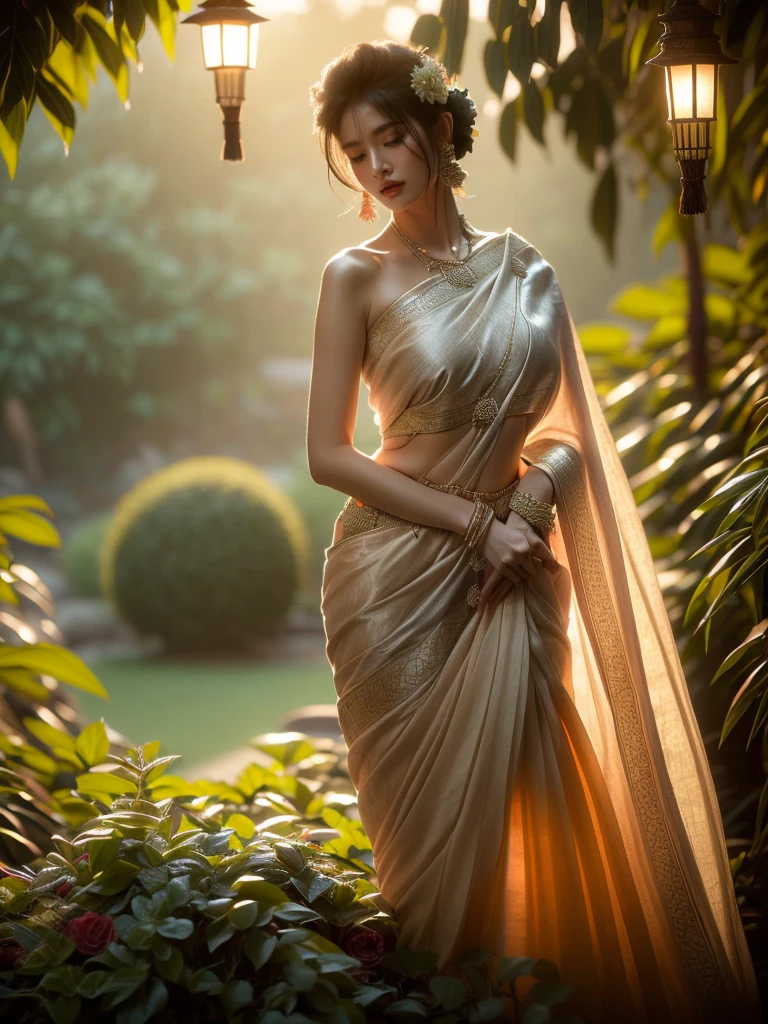 Framed within a lush garden as evening falls, a woman is caught in an assertive pose. Wrapped in a fascinating Indian sari, her presence whispers a hidden fascination. The lighting is diffused and cozy, fashioning a fantastical mood. (solo), (assertive pose: 1.4), (Indian sari: 1.5), (lush garden: 1.3), (dusk: 1.3), (hidden fascination: 1.5), (diffused cozy lighting: 1.4).