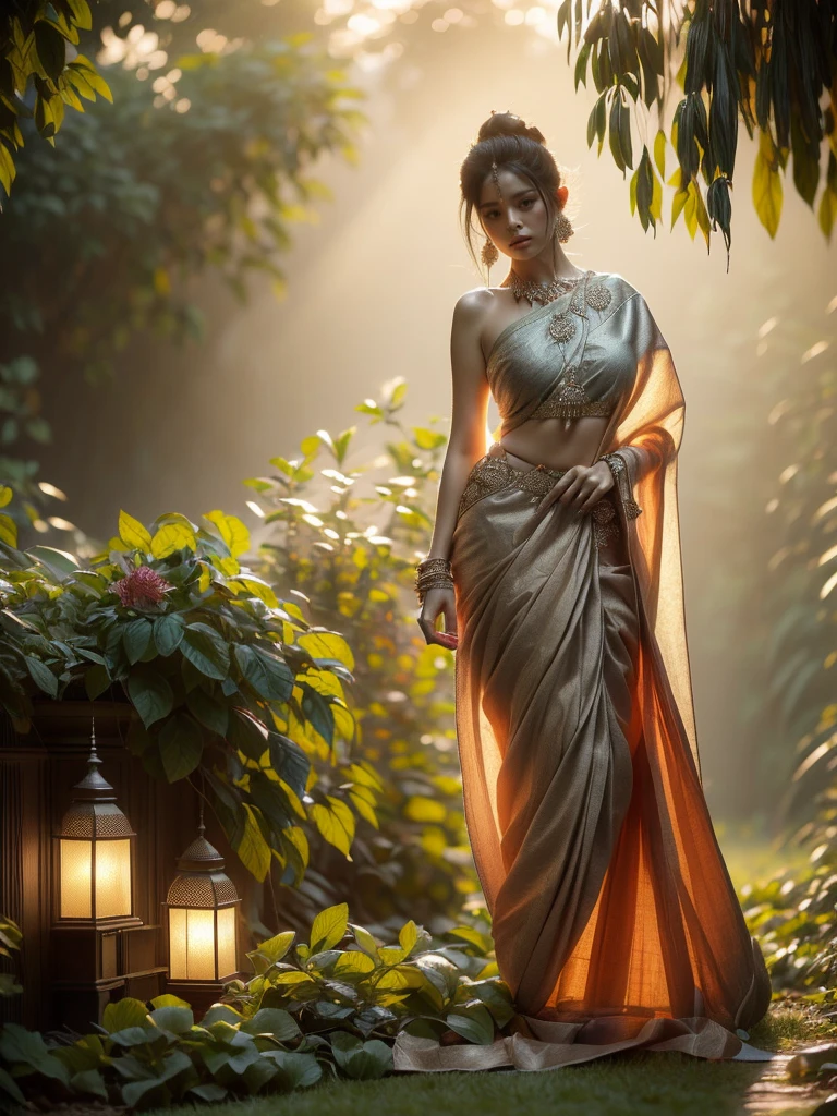 Framed within a lush garden as evening falls, a woman is caught in an assertive pose. Wrapped in a fascinating Indian sari, her presence whispers a hidden fascination. The lighting is diffused and cozy, fashioning a fantastical mood. (solo), (assertive pose: 1.4), (Indian sari: 1.5), (lush garden: 1.3), (dusk: 1.3), (hidden fascination: 1.5), (diffused cozy lighting: 1.4).