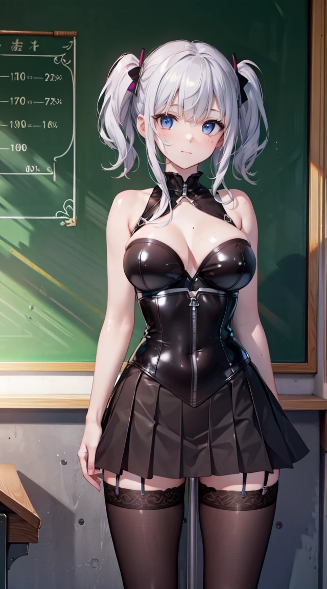 (Best quality at best, 4K, 8K, A high resolution, masterpiece:1.2), ultra - detailed, Nice face, detailedfacialfeatures, Breast size is medium, Realistic skin, wears , underbust singe, sleeveless top, (A high resolution: 1.1), (actual: 0.9), (Vibrant colors), (youthful), (dynamics), (beautiful detailed face), (detailedfacialfeatures), (Breast size is medium), (one bar prison), one bar prison goes up under skirt, thigh highs, one bar prison between thighs, thigh gap, in front of classroom, in front of black board,