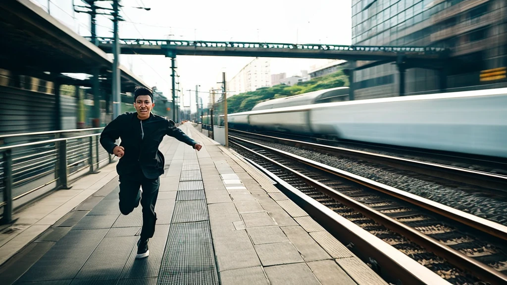 generate an image of a Asian Chinese male running on the railway track while a train is just behind chasing him ready to run him over. Show the excitement and yet worrisome look for the man.