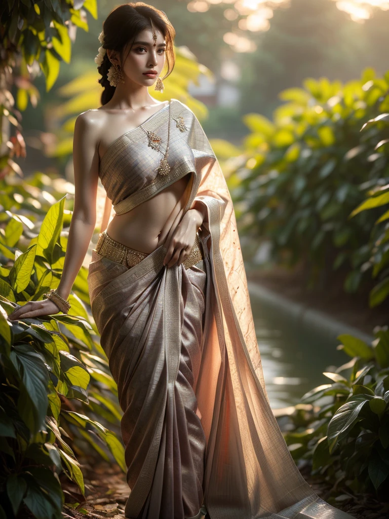 Encapsulated by a luxurious garden at dusk, a woman has been captured in a captivating pose. Donned in an attractive Indian sari, her pose exudes an air of secrecy. The lighting is tender and inviting, offering an illusionary backdrop. (solo), (captivating pose: 1.4), (Indian sari: 1.5), (lush garden: 1.3), (dusk: 1.3), (secretive appeal: 1.5), (tender inviting lighting: 1.4).