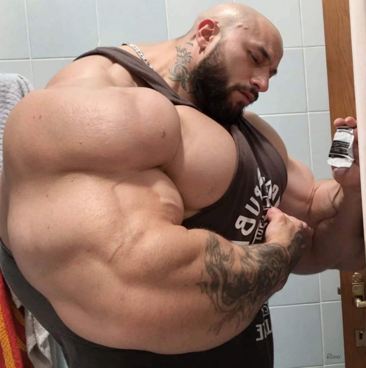 absurderes, high resolution, ultra detaild, (1 men:1.3), man in the gym full of massive muscles Muscular and bearded man with a wide chin and jaw Super defined and muscular and ultra muscular arms with his flexed muscles full of veins his giant and strong biceps and huge massive forearms full of sweaty muscles and with one covering his huge muscles large muscular and wide breasts hairy and full of veins and defined and flexed muscles pulsing strong puff full of muscles Massive defined thighs very thick and muscular giant shins and strong ripped calves full of veins and muscular giant calf huge and round trapezoid bare feet and very big and wide lots of muscles Big, round belly full of muscles