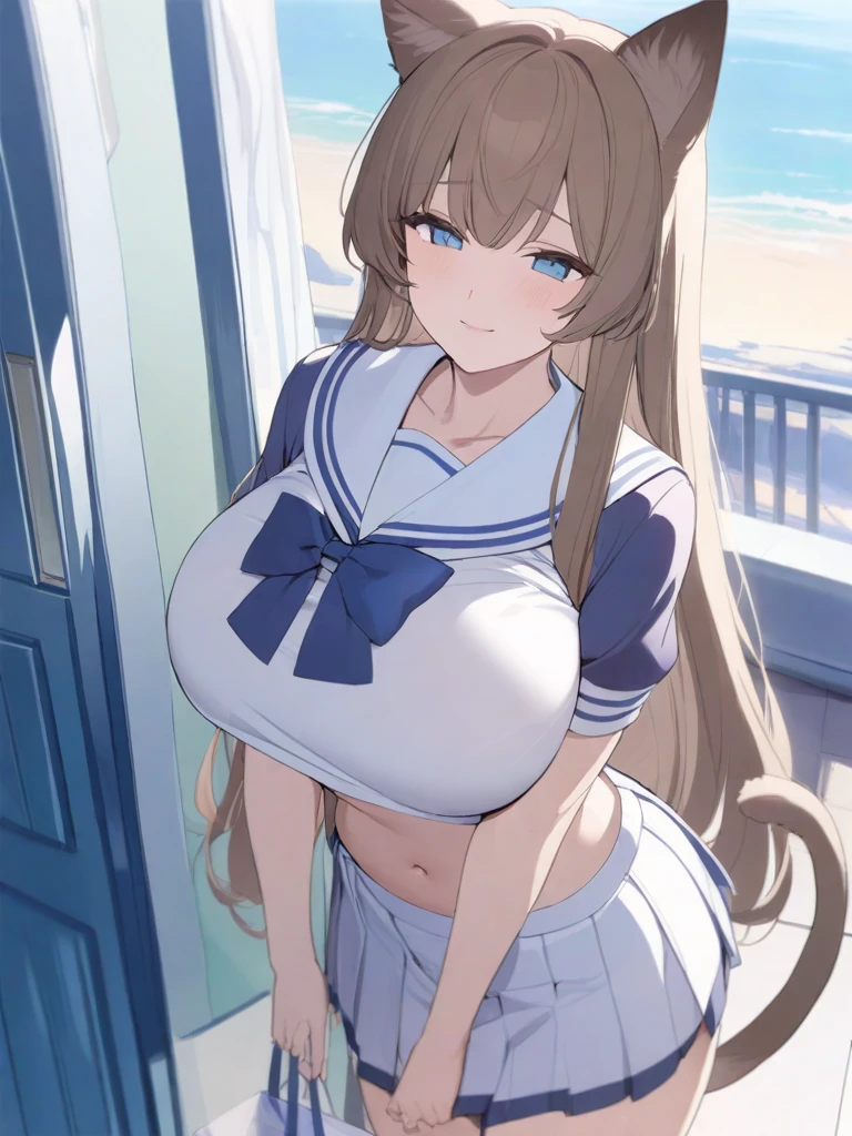 masterpiece, best quality, high quality, beautiful anime character, solo, anime girl with brown hair, soft hair, long hair, blue eyes, cat ears, huge breasts, mature female, tall female, big girl, thick, (calming face, light smile, loving eyes), outdoors, (sailor uniform, pleated skirt, ribbon), short sleeves, cat tail, navel, legs,