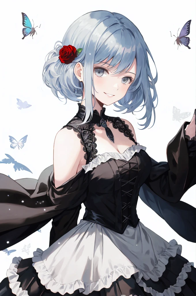  ((best quality)), ((masterpiece)), (detailed), 1girl, Character design, female, dynamic poses, long blue hair, grey white eyes, very skinny, detailed, best quality, no accesoires around the neck, prominent collarbones, skinny arms, upper body, blank white background, plain background, white background, ((red and white clothing)), Bloodborne inspired, occult aesthetic, occult, detailed and intricate steampunk and detailed gothic, Very dramatic and cinematic lighting, cosmic horror, grim-dark, side-lighting, perfect face,  Fluttering lace flared long knee length dress with frilly petticoats, knee length dress, pleated petticoats, petticoats gothic, complex lace boots, side-lighting, gothic aesthetic, wielding a mighty sword with mechanical components, mandalas, small breasts, a fairy, various different types of insect wings,upper body, upper body, white holy clothes,white holy clothes,((evil smile)),blue hair,