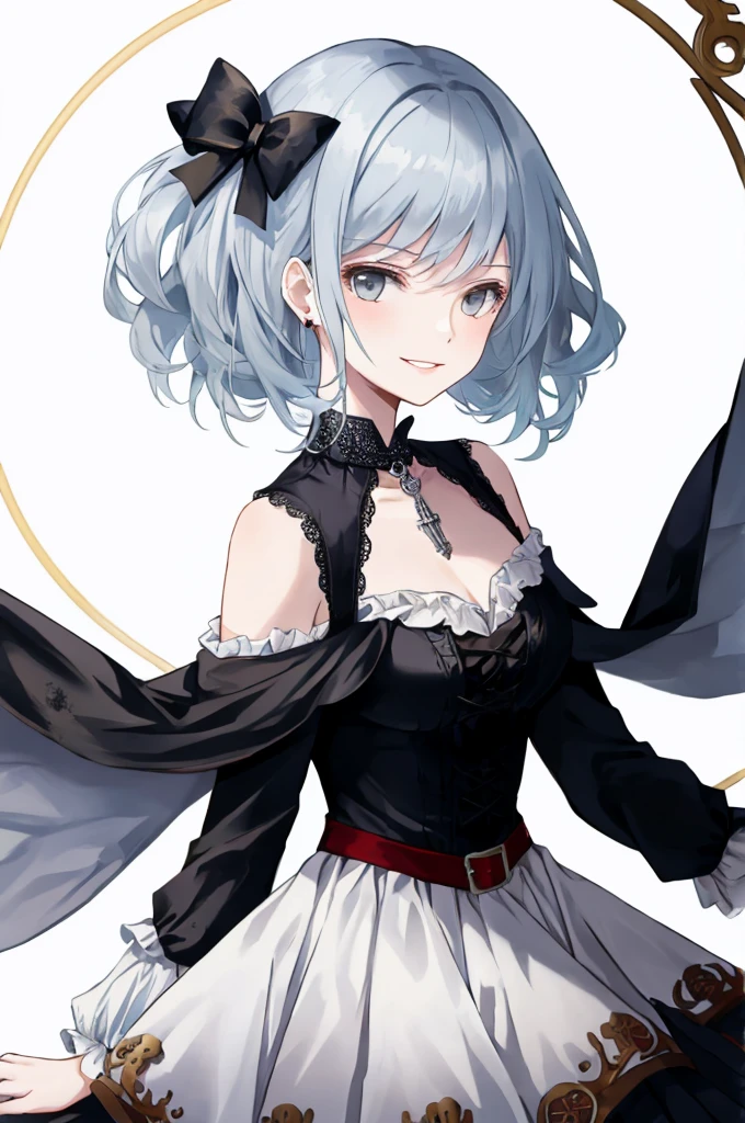  ((best quality)), ((masterpiece)), (detailed), 1girl, Character design, female, dynamic poses, long blue hair, grey white eyes, very skinny, detailed, best quality, no accesoires around the neck, prominent collarbones, skinny arms, upper body, blank white background, plain background, white background, ((red and white clothing)), Bloodborne inspired, occult aesthetic, occult, detailed and intricate steampunk and detailed gothic, Very dramatic and cinematic lighting, cosmic horror, grim-dark, side-lighting, perfect face,  Fluttering lace flared long knee length dress with frilly petticoats, knee length dress, pleated petticoats, petticoats gothic, complex lace boots, side-lighting, gothic aesthetic, wielding a mighty sword with mechanical components, mandalas, small breasts, a fairy, various different types of insect wings,upper body, upper body, white holy clothes,white holy clothes,((evil smile)),blue hair,