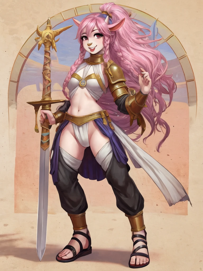 1girl,goat_girl, goat_ears, smile, solo, wearing roman armor, gladiator flat sandals, gladiator skirt, humanoid feet, holding sword, nose ring, septum piercing ring