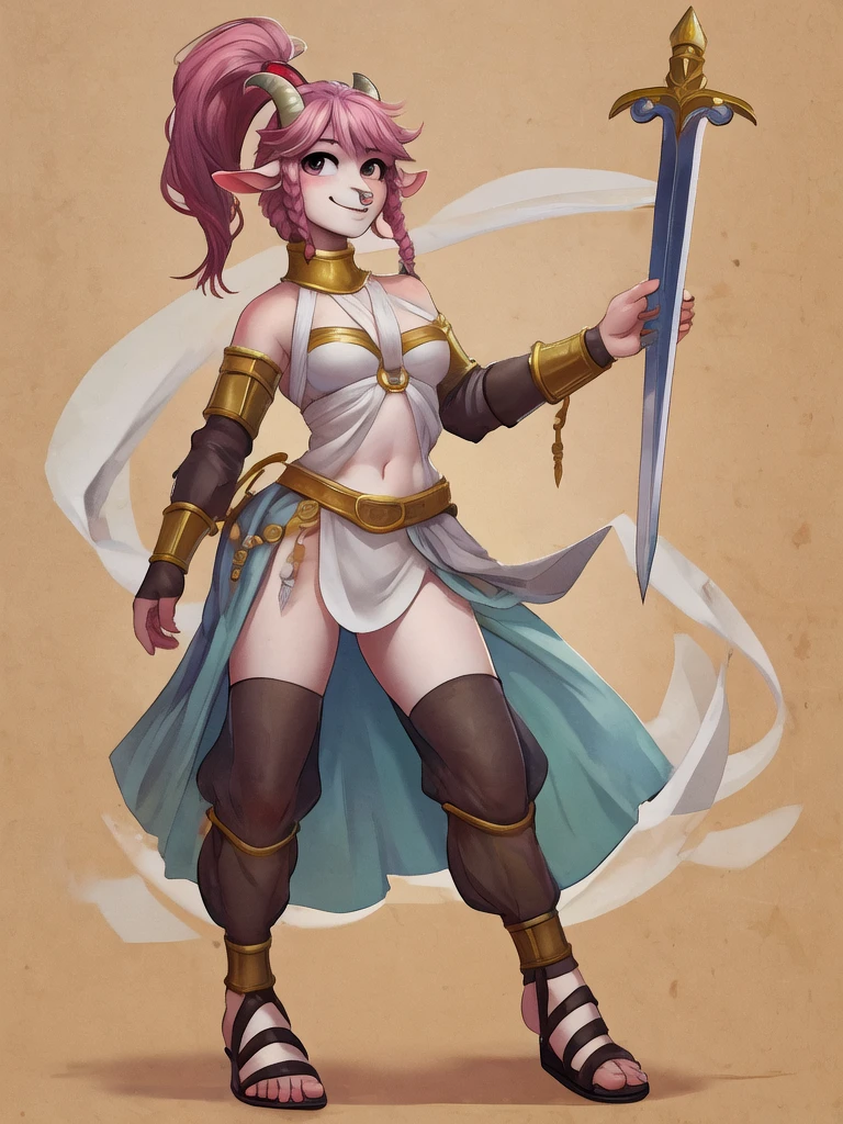 1girl,goat_girl, goat_ears, smile, solo, wearing roman armor, gladiator flat sandals, gladiator skirt, humanoid feet, holding sword, nose ring, septum piercing ring