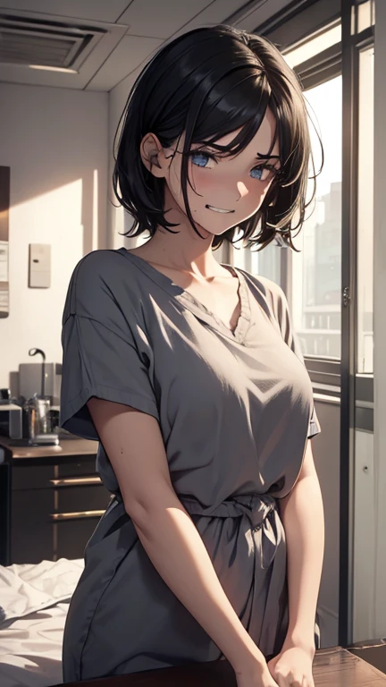 (Very detailed, Realistic), Hospital scene, [Moderate:Oil], [Professional:1.1], [Physically Based Rendering], [Bright colors], [Sharp focus], [Studio Lighting], [Attention to detail], [Highest quality,4K,8K,High resolution,masterpiece:1.2],(whole body),Inside the house,Inside the room,18-year-old girl,,((Ragged short black hair,Messy Hair)),((Depressed,despair,anxiety)),(Subservient laughter),((Grin)),((Bad mood)),((Bad mood)),[Nervous eyes],(casual women&#39;Fashion,dress,Knee pads,Army Boots,),((Ride an electric wheelchair 1.8)),((Operate an electric wheelchair 1.8))
