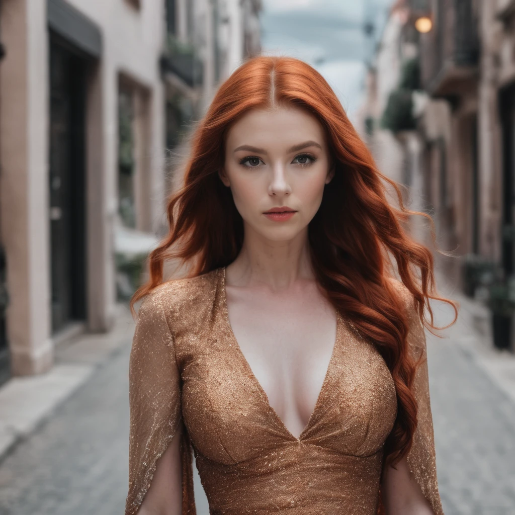 a woman with red hair and big breasts in a dress on a street, fire dress, dress made of fire, beautiful redhead woman, amouranth, red haired goddess, redhead woman, orange skin and long fiery hair, fiery coloring, fire hair, fiery red hair, better known as amouranth, redhead girl, young beautiful amouranth, flowing ginger hair