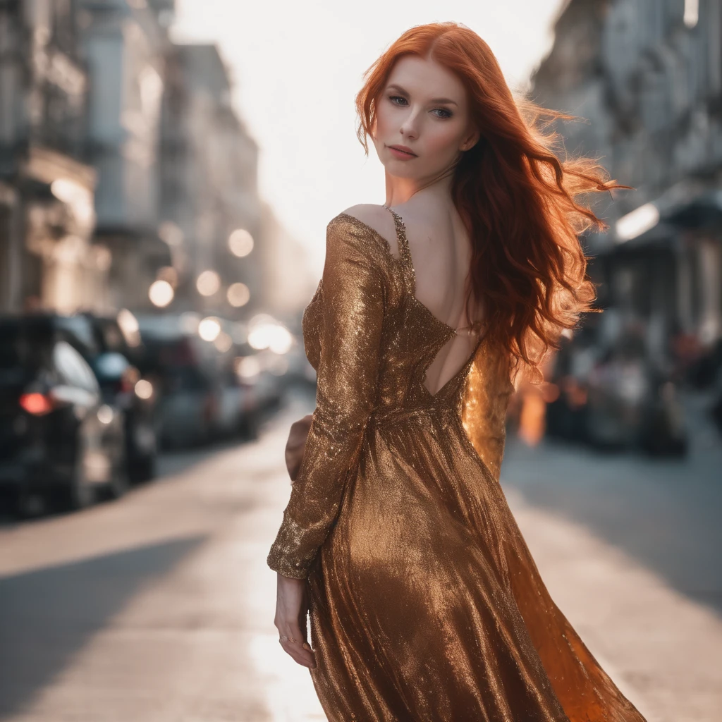 a woman with red hair and big breasts in a dress on a street, fire dress, dress made of fire, beautiful redhead woman, amouranth, red haired goddess, redhead woman, orange skin and long fiery hair, fiery coloring, fire hair, fiery red hair, better known as amouranth, redhead girl, young beautiful amouranth, flowing ginger hair