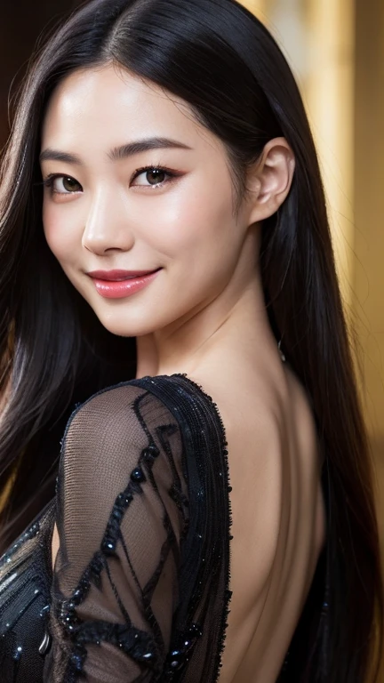 ((Surreal、Super detailed image, maybe a photo.,Captures the details of the skin texture of an incredibly beautiful woman.))Wearing a Lucid Dream dress,long black hair。Close portrait, looking back, smiling.