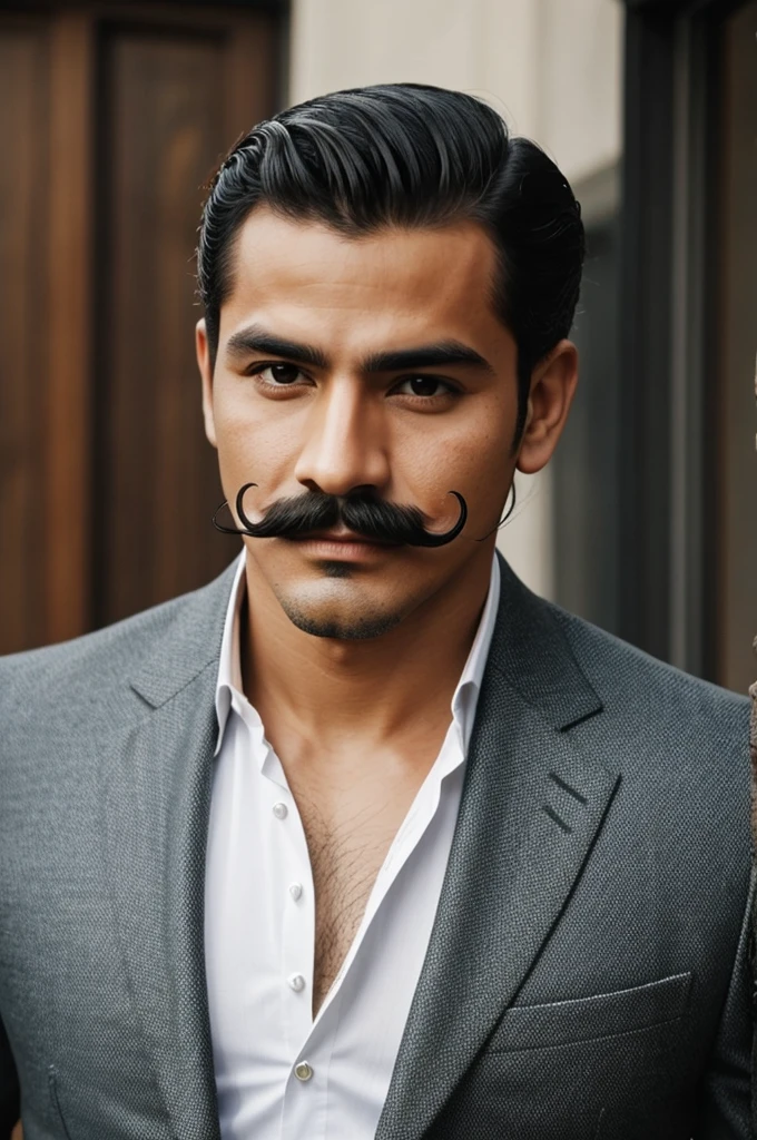Create the perfect Mexican gentleman,with mustache,well combed,elegant,good physique