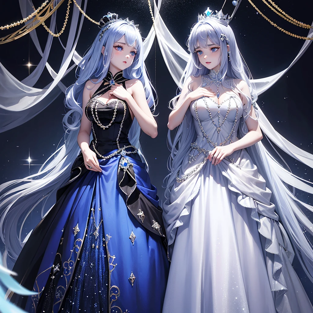 ((Highest quality)),(Ultra-high resolution),Flared skirt dress,High neck、The material of the dress is deep blue roses、Highly detailed CG Unity 8k wallpaper, , Earrings, Blue hair, Curly Hair, Blunt bangs, Straight bangs, Blue eyes, White skin, Gal, Improve、Her flat chest is hidden by her dress