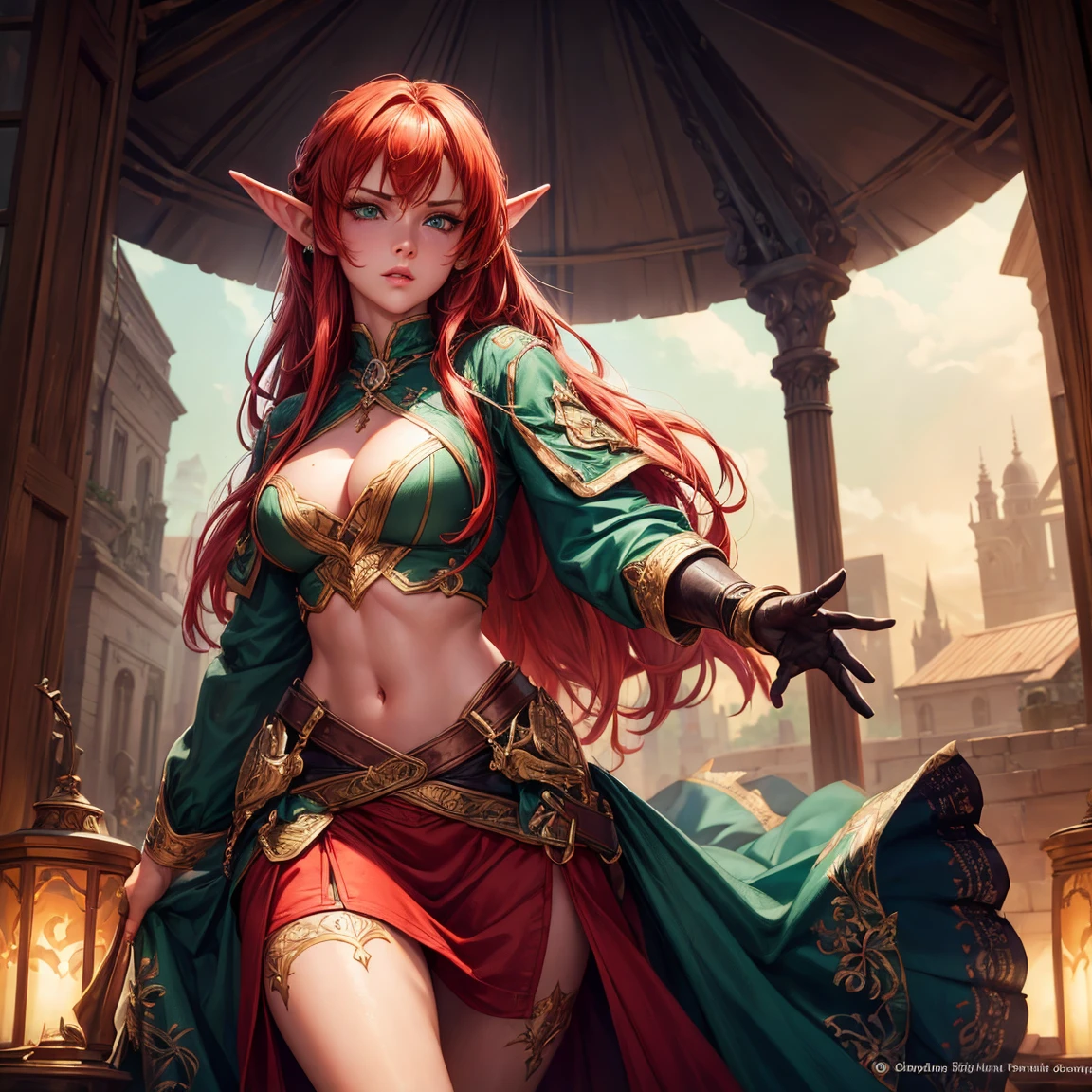 a girl, 1girl, elf, redhead long hair, breasts, long pointed ears, bright green eyes!!!, green eyes!!!, serious face, sexy red crop top!!, deep neckline, sexy red skirt!!, fire magic, full body, full body, tent, very sexy body, detailed face, beautiful detailed eyes, beautiful detailed lips, extremely detailed eyes and face, long eyelashes, detailed clothing, intricate details, highly detailed, photo realistic, 8k, best quality, masterpiece, cinematic lighting, dramatic lighting, vibrant colors, fantasy, digital art, concept art
