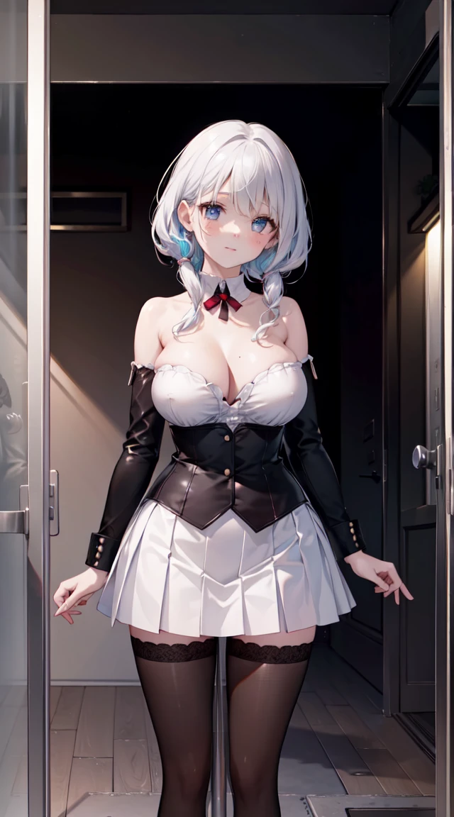 (Best quality at best, 4K, 8K, A high resolution, masterpiece:1.2), ultra - detailed, Nice face, detailedfacialfeatures, Breast size is medium, Realistic skin, wears , underbust singe, sleeveless top, (A high resolution: 1.1), (actual: 0.9), (Vibrant colors), (youthful), (dynamics), (beautiful detailed face), (detailedfacialfeatures), (Breast size is medium), (one bar prison), one bar prison goes up under skirt, thigh highs, one bar prison between thighs, thigh gap, in front of classroom, in front of black board, thick one bar prison
