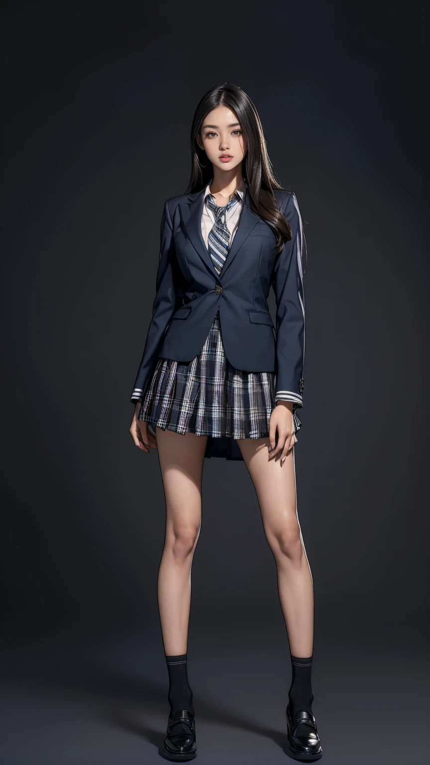 ((best quality,4k,highres,masterpiece:1.2)),((character concept art)), 1 female, teenage female, 15-year-old Asian beauty queen, ((black shoulder-length hair)), black hair, (snow-white skin colour), ultra finely detailed eyes (brown eyes colour), confident, beautiful, , slim body build, ((intricate detail)), super finely detailed hands, ultra finely detailed fingers(((ten fingers))), wearing navy stripe school blazer over white long sleeves school shirt with loosened bore,, plaid mini school skirt, black school sock, and black school loafers, (standing provocatively), (full body showcase), (show full body), (no logos on background), (no logo), ((plain background)), ((plain background)), (((empty background)))