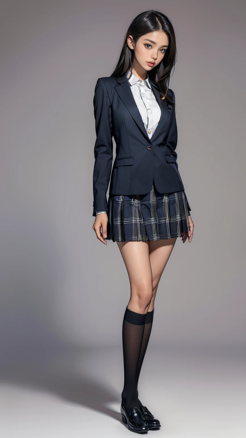 ((best quality,4k,highres,masterpiece:1.2)),((character concept art)), 1 female, teenage female, 15-year-old Asian beauty queen, ((black shoulder-length hair)), black hair, (snow-white skin colour), ultra finely detailed eyes (brown eyes colour), confident, beautiful, , slim body build, ((intricate detail)), super finely detailed hands, ultra finely detailed fingers(((ten fingers))), wearing navy stripe school blazer over white long sleeves school shirt with loosened bore,, plaid mini school skirt, black school sock, and black school loafers, (standing provocatively), (full body showcase), (show full body), (no logos on background), (no logo), ((plain background)), ((plain background)), (((empty background)))