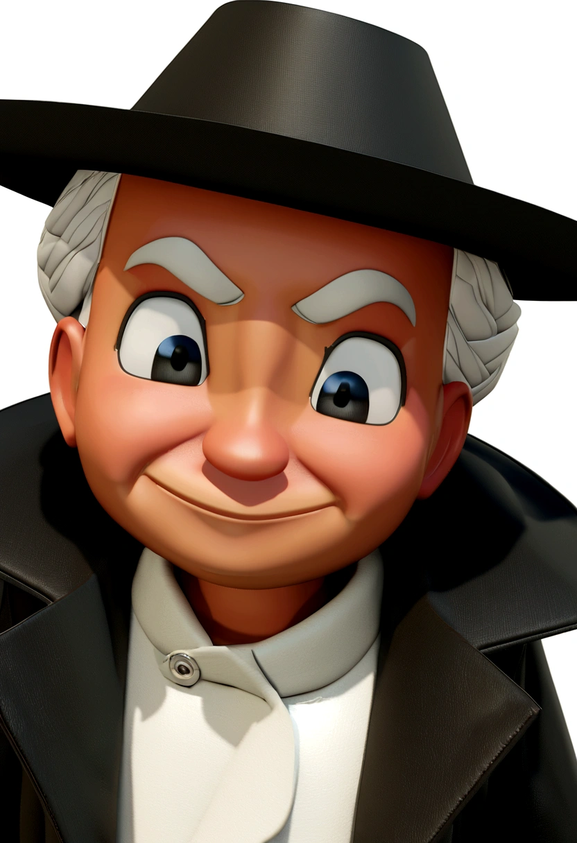 Umthe black woman na faixa dos 55 anos, happy and cute with black kitchen hat, dressed in kitchen coat, , White background, the black woman, tom, Pixar-style, ....3d, Cartoon s, face detailed, asymmetric 16k