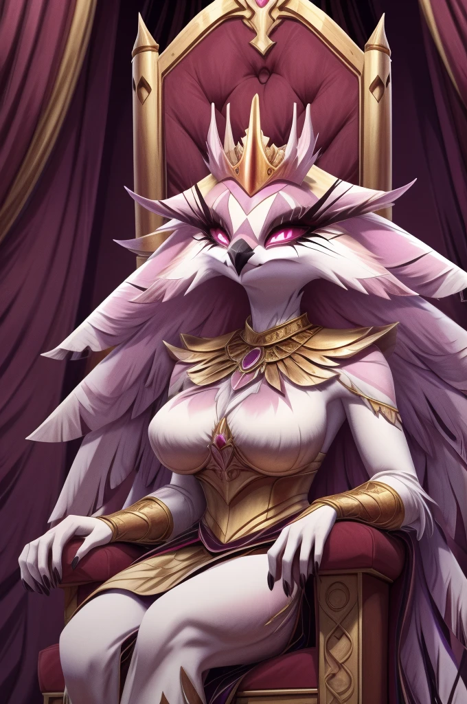 "Illustrate Stella seated on a grand throne, exuding power and authority. The background should be opulent and fitting for royalty, with details that emphasize her commanding presence."