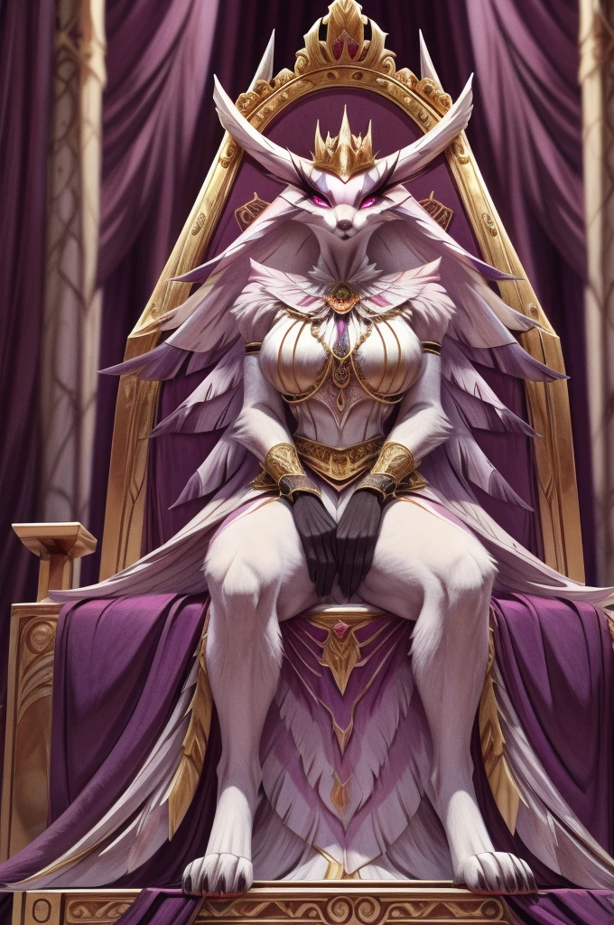 "Illustrate Stella seated on a grand throne, exuding power and authority. The background should be opulent and fitting for royalty, with details that emphasize her commanding presence."