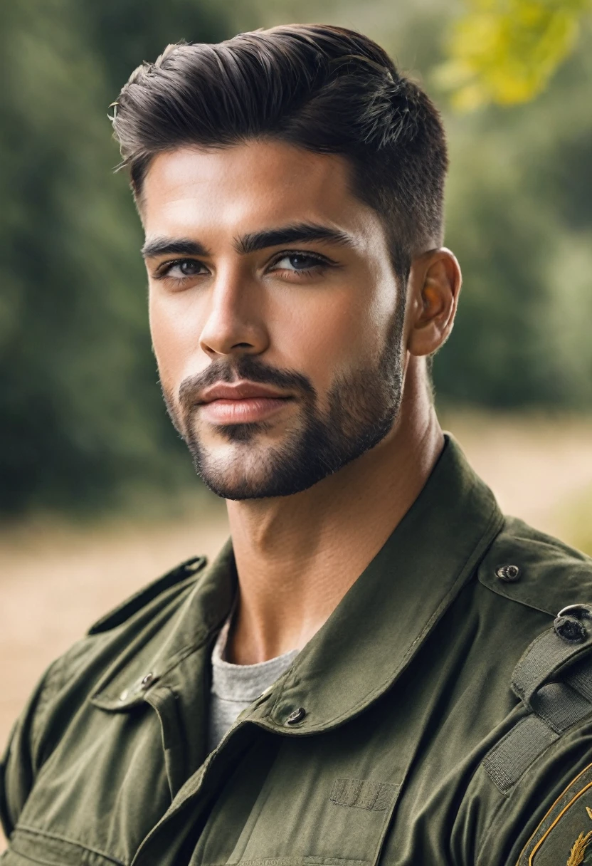 Create a very handsome and military dark romance man with attractive look without beard