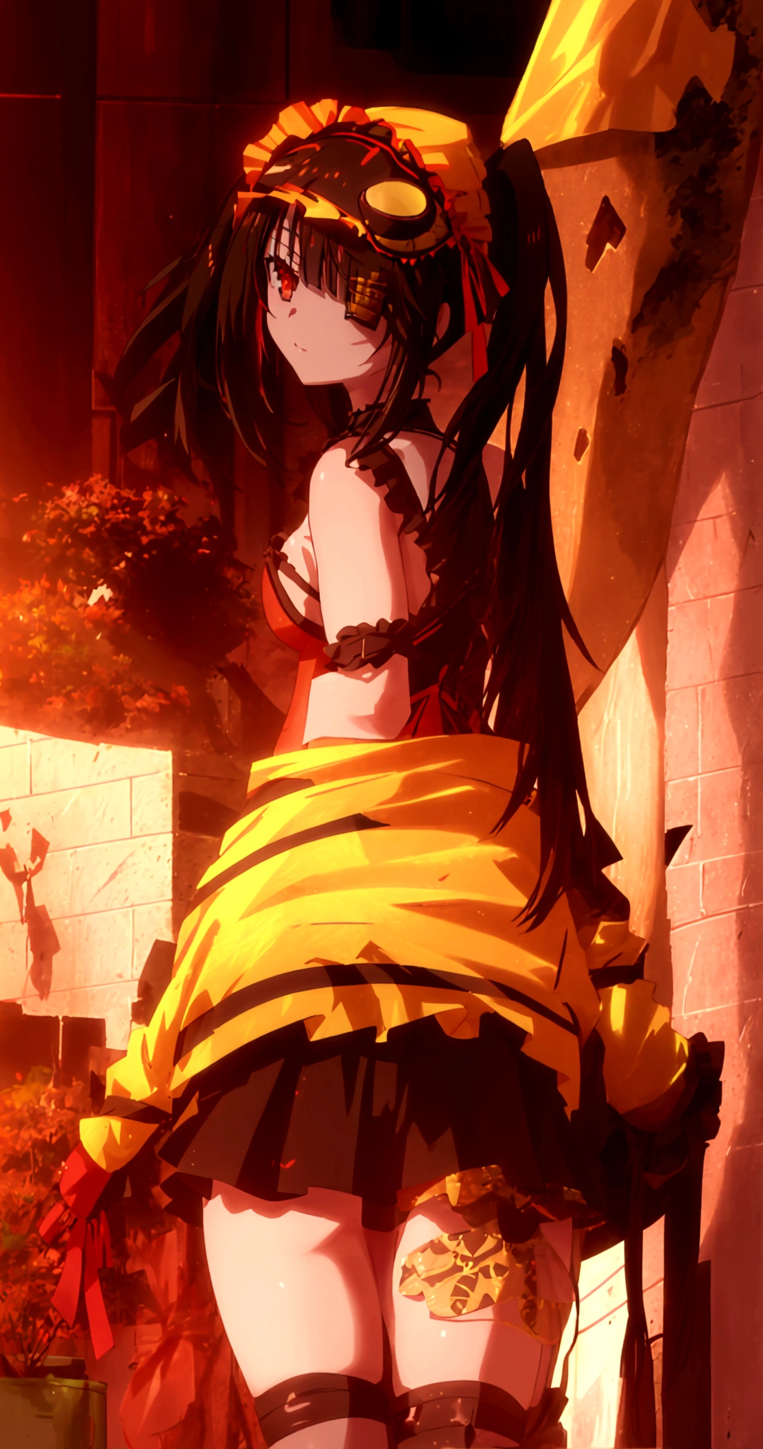 1girl, whole body, standing tall, bend back. thick, Tokisaki Kurumi, black hair, two pigtails, right eye bright red, left eye bright yellow, tokisaki kurumi