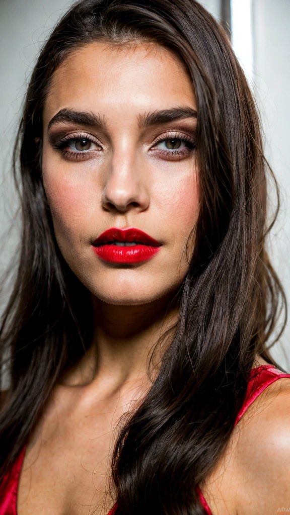 Photoshoot of a woman, Backstage at a show, long dark brown hair, black eyes, red lipstick, ultra realistic