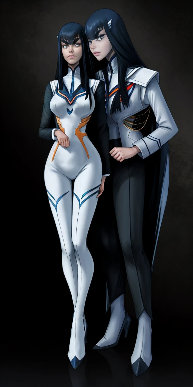 female Satsuki Kiryuin, Satsuki Kiryuin from Kill-la-Kill, mesh stockings, full height, bottom view, best quality, very detailed, ultra 8k resolution,portrait, full body, victorias clothing, long dress, knight, pants, black skin suit, plants, vest, polo shirt, long skirt (plain background)