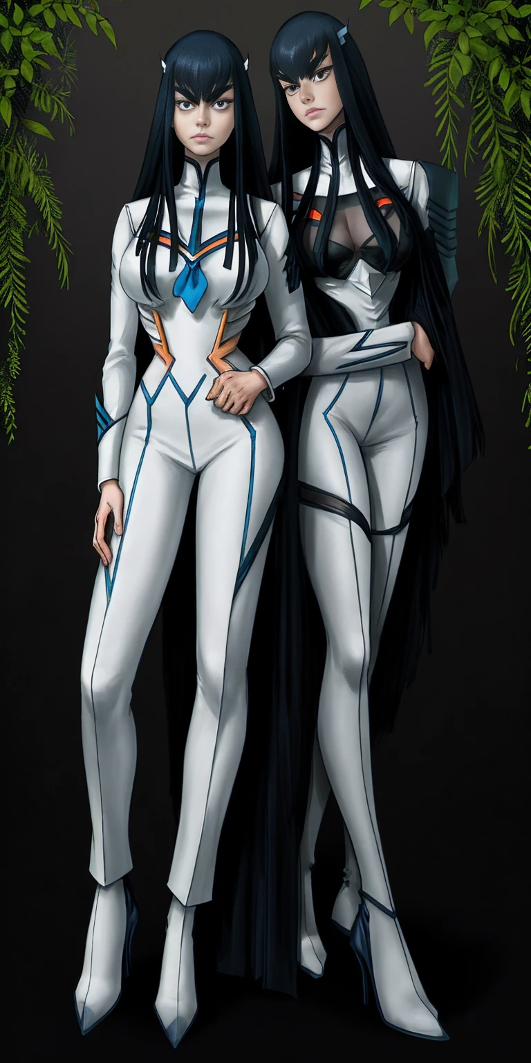 female Satsuki Kiryuin, Satsuki Kiryuin from Kill-la-Kill, mesh stockings, full height, bottom view, best quality, very detailed, ultra 8k resolution,portrait, full body, victorias clothing, long dress, knight, pants, black skin suit, plants, vest, polo shirt, long skirt (plain background)