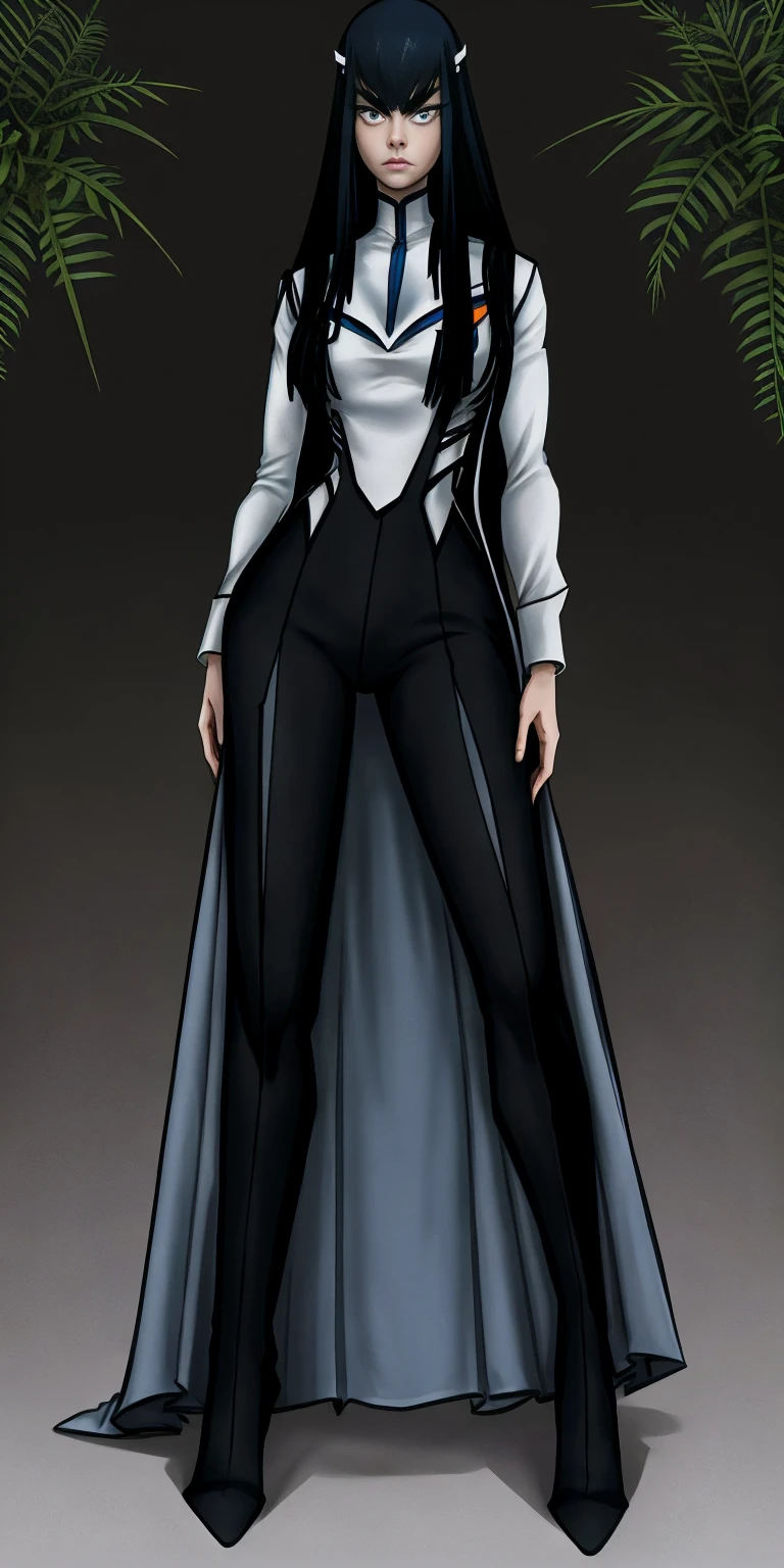 female Satsuki Kiryuin, Satsuki Kiryuin from Kill-la-Kill, mesh stockings, full height, bottom view, best quality, very detailed, ultra 8k resolution,portrait, full body, victorias clothing, long dress, knight, pants, black skin suit, plants, vest, polo shirt, long skirt (plain background)