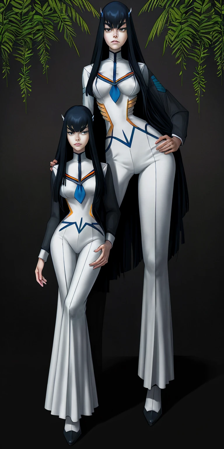 female Satsuki Kiryuin, Satsuki Kiryuin from Kill-la-Kill, mesh stockings, full height, bottom view, best quality, very detailed, ultra 8k resolution,portrait, full body, victorias clothing, long dress, knight, pants, black skin suit, plants, vest, polo shirt, long skirt (plain background)