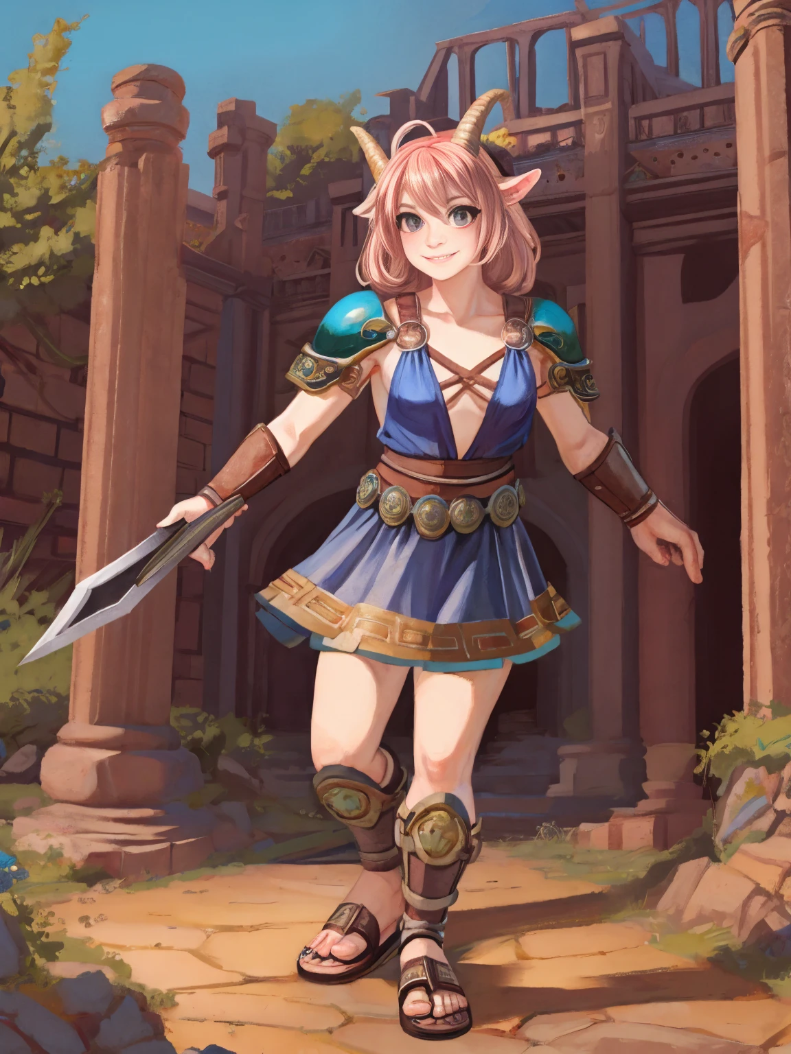 1girl, furry, furry_female, goat_ears, goat_girl, smile, solo, wearing armor, gladiator flat sandals, gladiator skirt, humanoid feet, holding sword, nosebleed,bloody nose