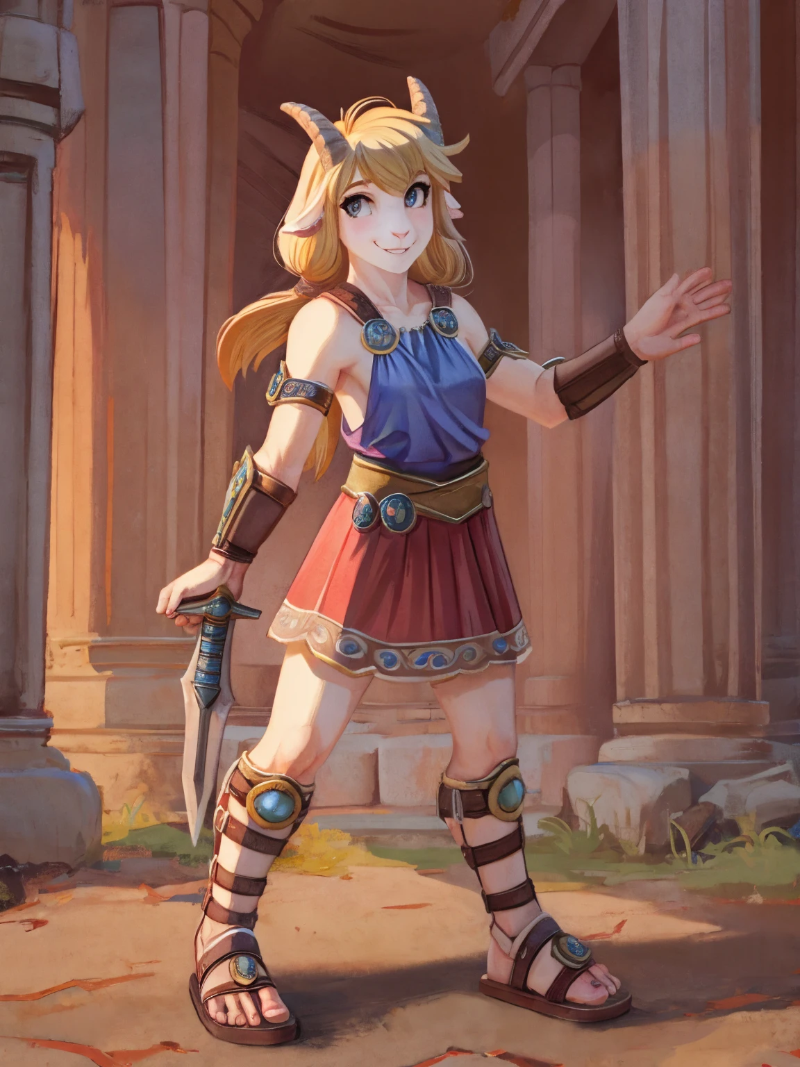 1girl, furry, furry_female, goat_ears, goat_girl, smile, solo, wearing armor, gladiator flat sandals, gladiator skirt, humanoid feet, holding sword, nosebleed,bloody nose