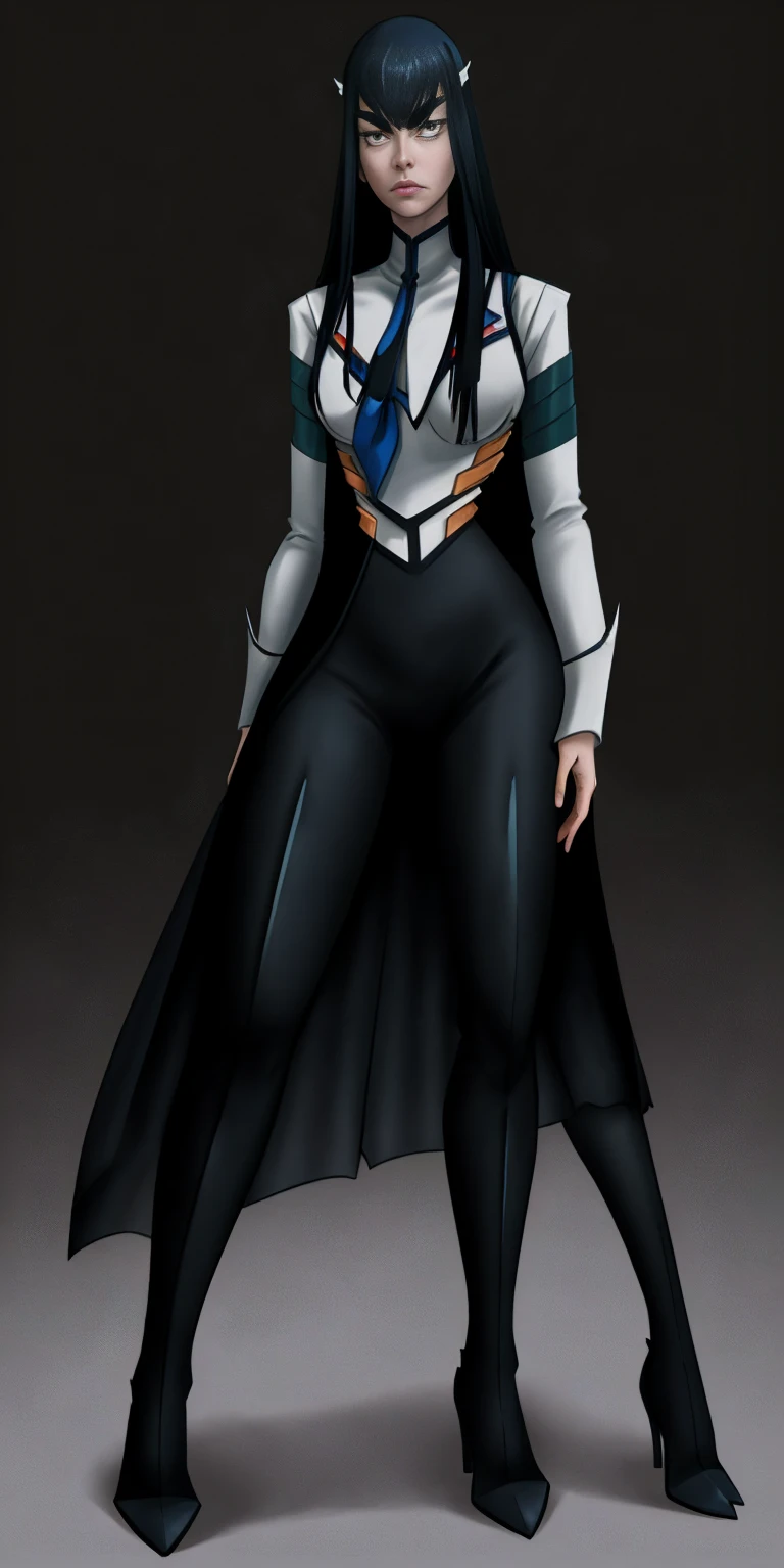 female Satsuki Kiryuin, Satsuki Kiryuin from Kill-la-Kill, mesh stockings, full height, bottom view, best quality, very detailed, ultra 8k resolution,portrait, full body, victorias clothing, long dress, knight, pants, black skin suit, plants, vest, polo shirt, long skirt (plain background)