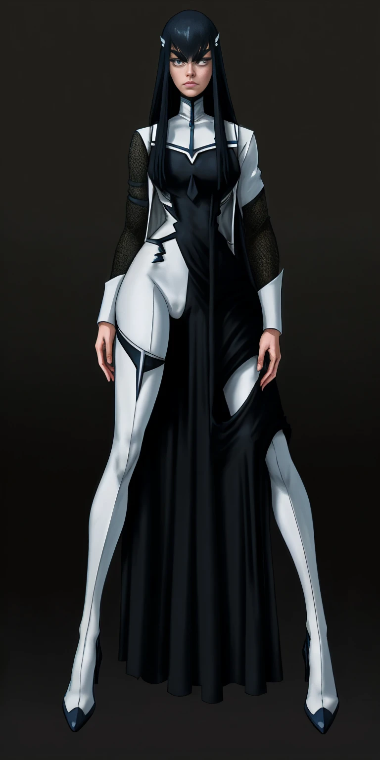 female Satsuki Kiryuin, Satsuki Kiryuin from Kill-la-Kill, mesh stockings, full height, bottom view, best quality, very detailed, ultra 8k resolution,portrait, full body, victorias clothing, long dress, knight, pants, black skin suit, plants, vest, polo shirt, long skirt (plain background)