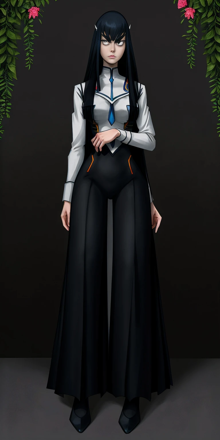 female Satsuki Kiryuin, Satsuki Kiryuin from Kill-la-Kill, mesh stockings, full height, bottom view, best quality, very detailed, ultra 8k resolution,portrait, full body, victorias clothing, long dress, knight, pants, black skin suit, plants, vest, polo shirt, long skirt (plain background)