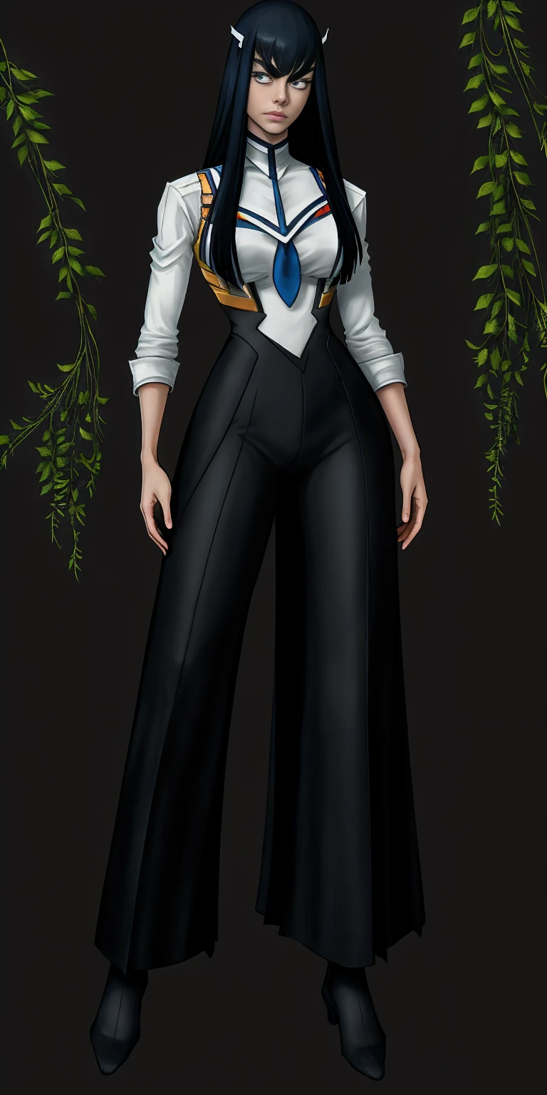 female Satsuki Kiryuin, Satsuki Kiryuin from Kill-la-Kill, mesh stockings, full height, bottom view, best quality, very detailed, ultra 8k resolution,portrait, full body, victorias clothing, long dress, knight, pants, black skin suit, plants, vest, polo shirt, long skirt (plain background)