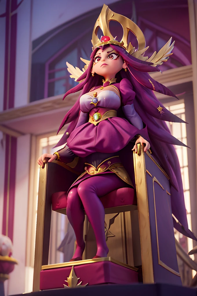 "Illustrate Stella seated on a grand throne, exuding power and authority. The background should be opulent and fitting for royalty, with details that emphasize her commanding presence."